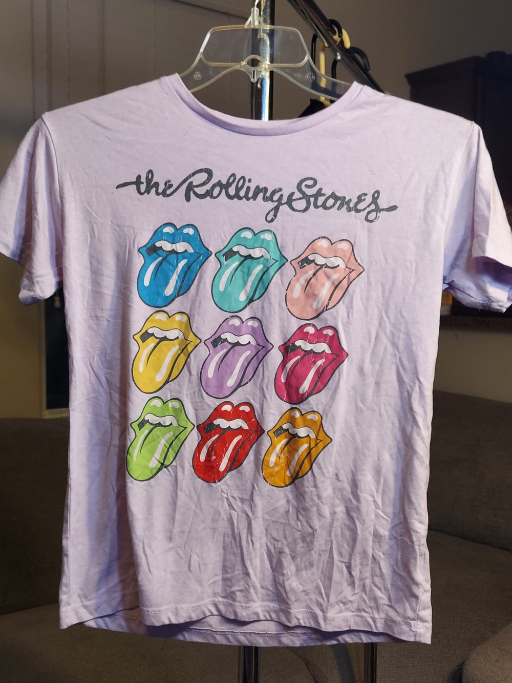 the Rolling Stones Lavender Kids Graphic Tee with Multicolored Tongues